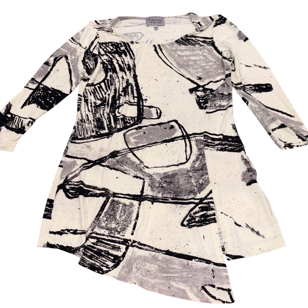 Vintage Tunic Top Women XS White Black Abstract Asymmetrical Lynn Ritchie Silver